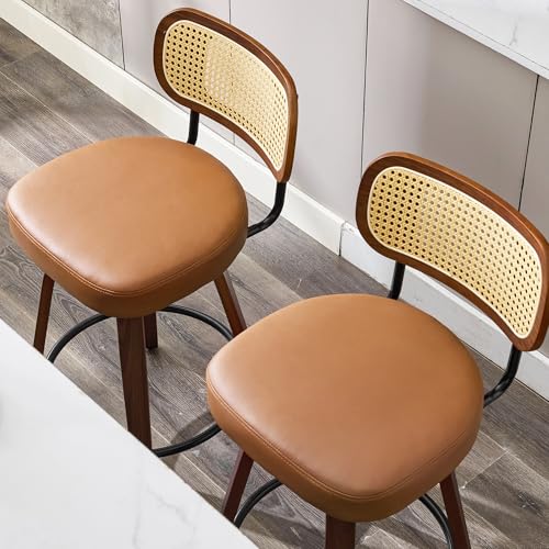 Image of Natural Rattan Bar Stools Set of 2,Upholstered PU Leather, 26'' Counter Height Barstools with Back and Wood Legs,360Swivel,Mid-Century Modern Bar Stool for Kitchen Island Dining Room and Bar(Brown)