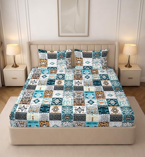 Image of RD TREND Premium Soft Cloud Cotton Bedsheet for Double Bed | Size-90x90 Inches Queen Bedsheets with 2 Matching Pillow Covers (18x28 Inch) Multi Blue