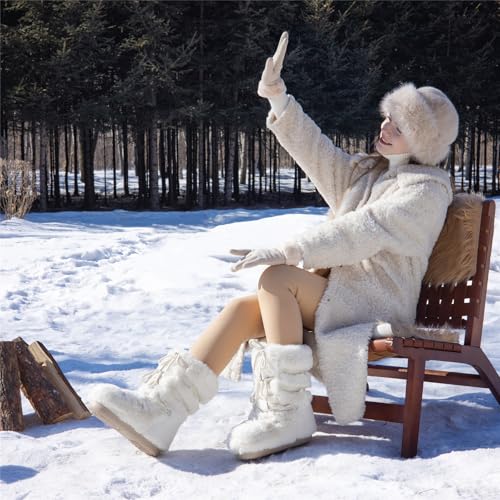Fur Boots for Women, Furry Faux Fur Fuzzy Fluffy Women Snow Boots with Fur Lined Black White Pink Mid-Calf Winter Boots3