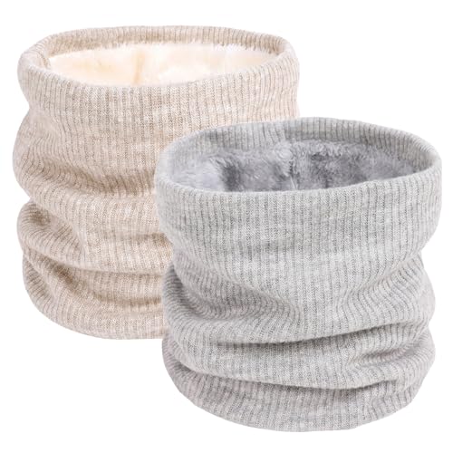 I Kua Fly Thermal Snoods for Men Women Fleece Neck Warmer Unisex Thick Knitted Circle Scarf Winter Warm Neck Gaiter Face Covering for Cycling Running Skiing Sports (Beige+Light grey)