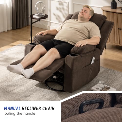 Image of Swivel Recliner Chair for Adults with Massage and Heat,Manual Glider Rocking Recliner Chair with Cup Holds and Pockets,Reclining Rocker Chairs for Living Room R8817,Cocoa