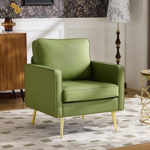 Image of VINGLI Modern Accent Chair, Upholstered Faux Leather PU Armchair with Thick Cushion & Metal Legs, Comfortable Reading Chair for Living Room, Bedroom, Office, Green
