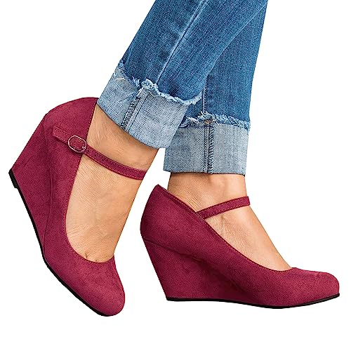Image of Coutgo Womens Wedge Pumps Dressy Mary Jane Shoes Comfort Wedges Closed Toe Ankle Strap Heeled Shoes