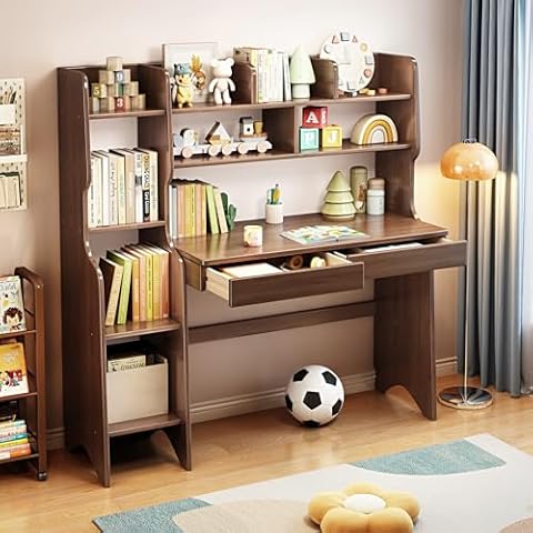 BALANBO Kids Desk Kids Table with Drawers and Bookshelf Rubber Wood Kids Media Desk Student Learning Computer Workstation and Writing Desk (Brown) Cover