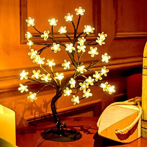 ZHOUDUIDUI Cherry Blossom Tree Light,17inch 40LED Lighted Tabletop Artificial Flower Bonsai Tree Lamp USB Powered for Home Decor Room Office Party Wedding Christmas Decorations(Warm White)