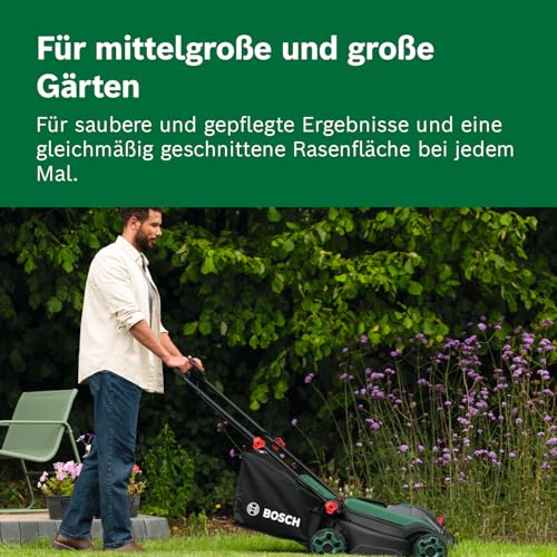 Bosch Akku-Rasenmäher ROTAK18V2-38 (Schnittbreite: 38 cm, Schnitthöhe: 30-75 mm, 40 l Stoff-Grasfangkorb, Mulchstopfen, inkl. 2 x 18V Akku und Ladegerät)