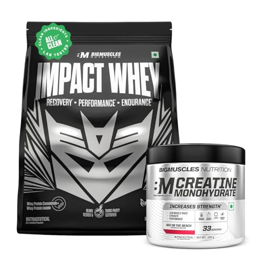 Image of Bigmuscles Nutrition Impact Whey Protein Supplement Combo [1.035kg Rich Chocolate Protein Powder with 122g Creatine Sex On The Beach]