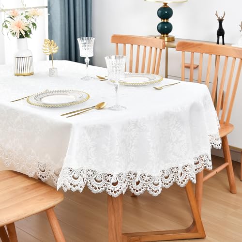 Elegant White Lace Jacquard Oval Tablecloth...