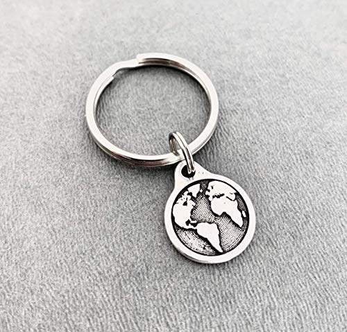 Travel The World Pewter Pendant Key Chain - Pewter World/Earth on Round Stainless Steel Key Ring3