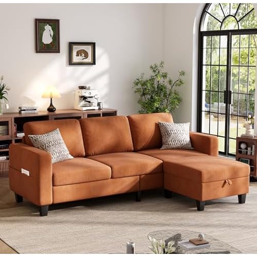 Sectional Sofa and Couches for Living Room, 78'' Orange 3 Seat L-Shaped Couch with Movable Ottoman, Comfy Velvet Convertible Sectionals Sofas with Chaise for Apartment, Office, Small Space