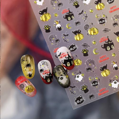 Image of 5D Embossed Halloween Nail Stickers Pumpkin Nail Decals Ghost Cat Nail Art | Cute Design Nail Decals for Nail Art Self-Adhesive nail charms for Women Holiday Manicure DIY Decoration Accessories 1 Sheets