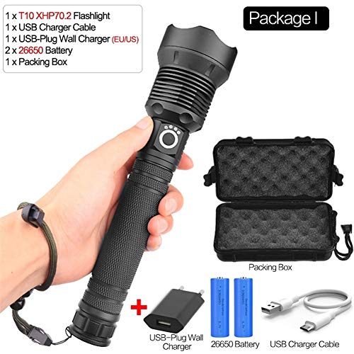 YANODA 50000 Lumens Lampe Xhp70.2 Plus Puissant Lampe De Poche USB Zoom LED Torche Xhp70 Xhp50 18650 Ou 26650 Batterie Camping en Plein Air (Emitting Color : Package I)