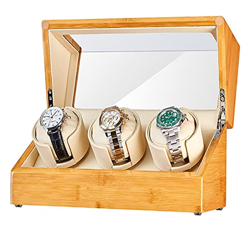 FENOKD Watch Display Box Bamboo Wood Automatic Watch Winder for 3 Watches Watch Rotator Box with Quiet Japanese Motor Flexible Watch Pillows Fit Lady
