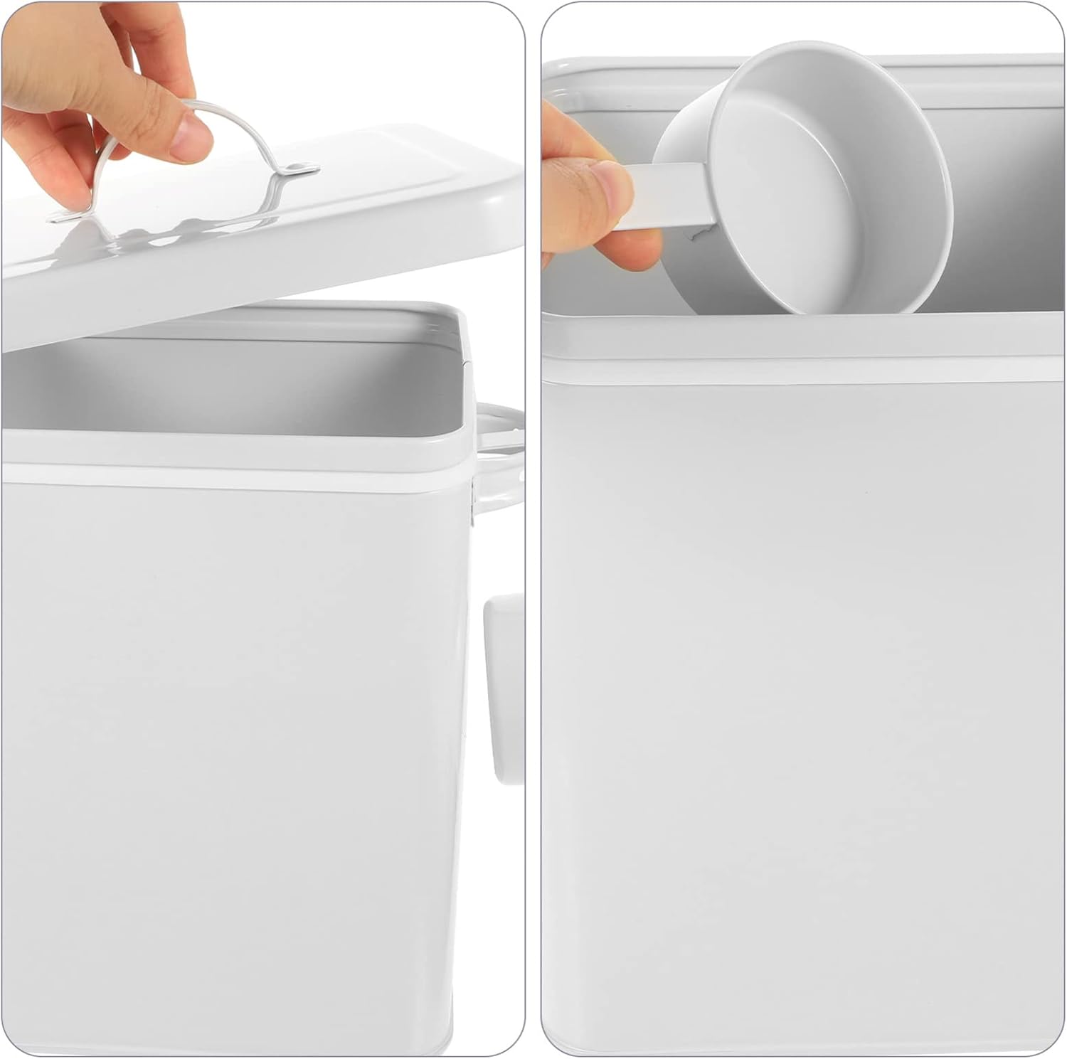 Metal Laundry Soap Dispenser Container Holder with Scoop Laundry Powder Box Pet Food Storage Bin Kitchen Food Canister Pantry Organizer Pods Bin Holder Bin White