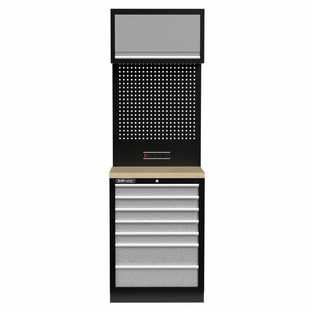 Wyoming - Mobiletto da officina con 7 cassetti e 1 armadio - Armadietto per attrezzi, garage - banco da lavoro modulare con piano di lavoro in legno (Multiplex) e parete degli attrezzi -