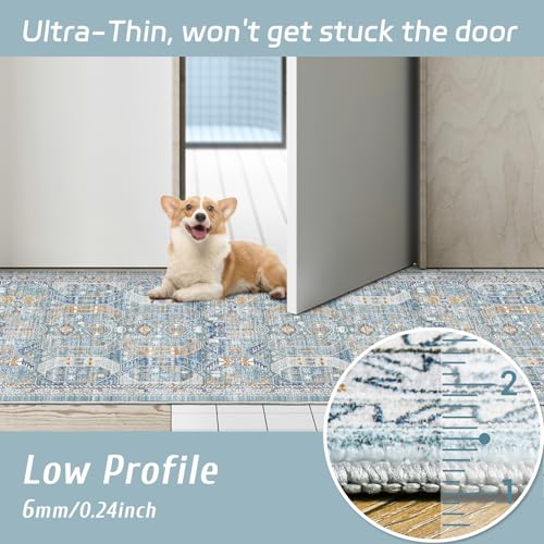 Madane Hallway Runner Rug 2x12, Extra Long Washable Runner Rugs with Rubber Backing, Non Slip Carpet Runner for Hallway, Vintage Rug Runners for Kitchen Laundry Room Entryway (Blue/Gold, 2'x12')