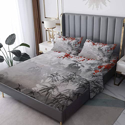 zcwl Tree Image Bed Sheets Queen Size, Red Cherry Blossoms Room Decor Sheet Set for Kids Teens Adults,Japanese-Style Patterned Sheet & Pillowcase Sets, Super Soft Microfiber Bedding Sheets - 4 Piece