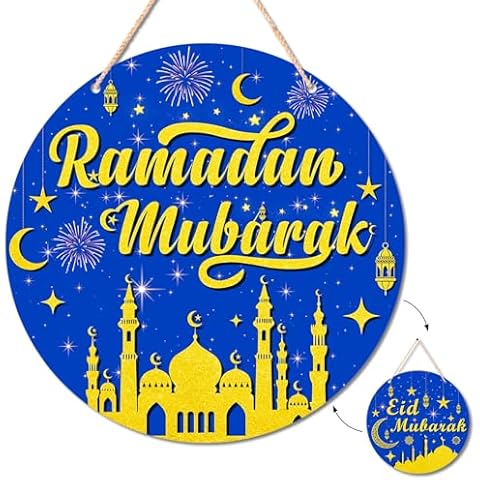 Uflashmi Ramadan Mubarak Door Sign, Wooden Ramadan Eid Mubarak Sign for Wall Decor, Ramadan Door Decorations for Home, 11 Inch, Double-sided Cover