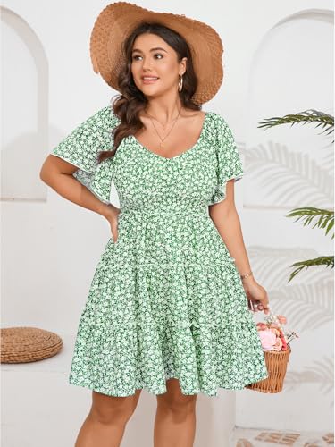 Image of SHESTARR Womens Plus Size Casual Mini Dress Sweetheart Neckline Short Flutter Sleeve Smocked A Line Tiered Ruffle Dresses