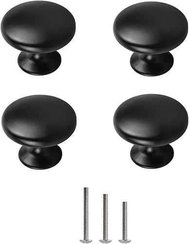 4 manijas redondas de hongo para gabinete, color negro mate, 1.18 pulgadas, para armario de cocina, muebles, armario, puerta, aparador, baño