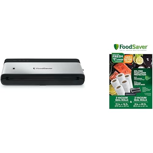 FoodSaver VS0150 PowerVac Compact Vacuum Sealing Machine, Black & 8" and 11" Vacuum Seal Rolls Multipack, Make Custom-Sized BPA-Free Vacuum Sealer Bags, Multi-Pack, Clear