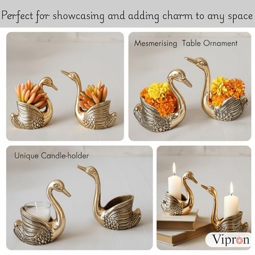 Image of Golden Brass Swan Candle Holder Pair, Decorative Centerpiece for Home Decor, Living Room, Special Occasions, 12 cm and 13.5 cm Height
