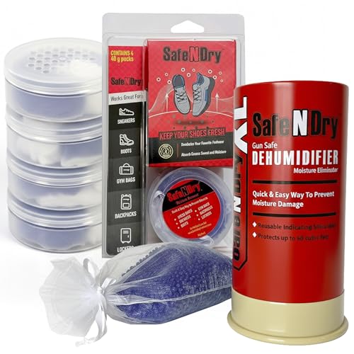 SafeNdry Moisture Absorber Bundle – 4 Pack Shoe Deodorizers & XL Gun Safe Dehumidifier 450g – Reusable Silica Gel Pucks and Canister for Shoes, Boots, Gym Bags, Ammo Storage, Cabinets, Safes & Lockers