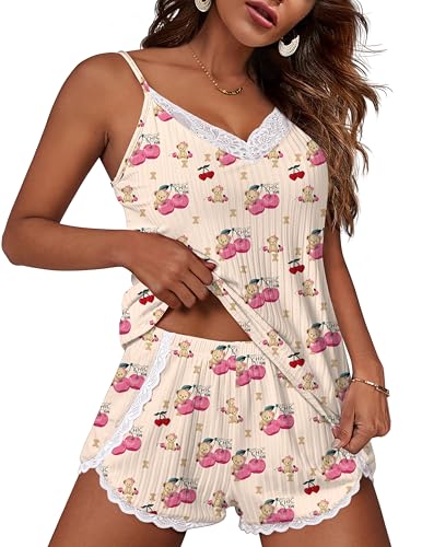 Image of Ekouaer Womens Pajama Sets Soft Lingerie Sleepwear 2 Piece Cami Shorts Set V Neck Pj Lace Nightwear
