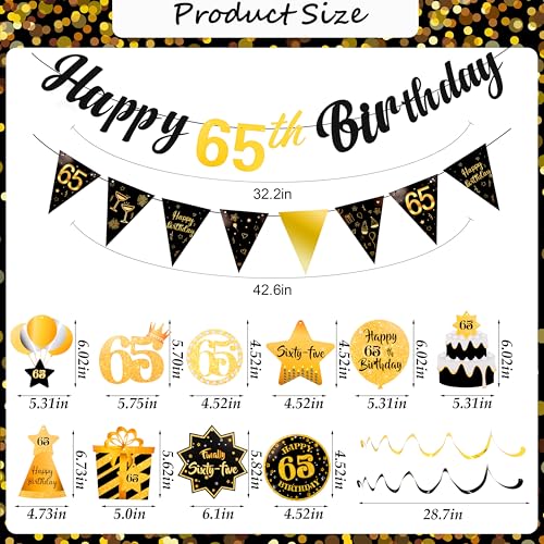 Image of Black&Gold 65th Birthday Decorations, Happy 65th Birthday Banner with 10PCS Hanging Swirls