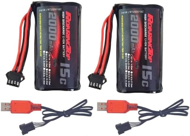 RoaringTop Li-ion Battery 7,4V 2000mAh with SM4P Plug Rechargeable Battery for RC Vehicles, RC Climbing Vehicles and RC Boats, with 2 USB Chargers