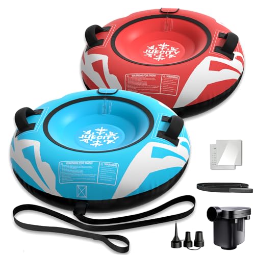 Snow Tube for Sledding Heavy Duty, Inflatable Snow Sled Innertube with Air Pump & Premium Canvas Cover for Kids Adult with Thickened Bottom, Towable Rope (2 Pack)