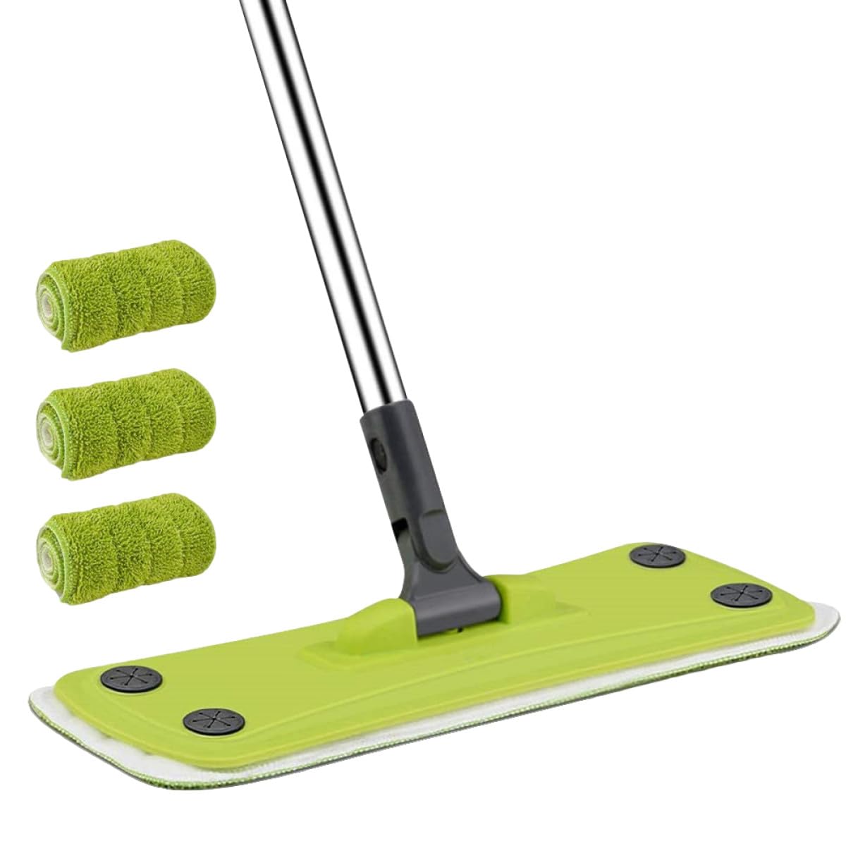 Balai microfibre 360 pour sol en bois dur avec 3 coussinets amovibles manche acier inoxydable vert