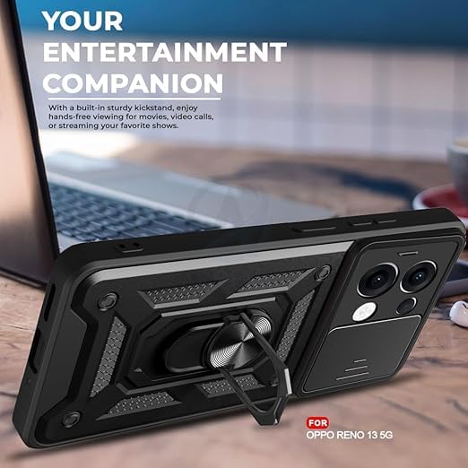 Image of SPAZY CASE Oppo K13 5g Back Cover | Heavy Duty Hybrid Case with 360 Degree Rotating Finger Ring Holder + Slider Shutter Camera Protection Case for Oppo K13 5g - Black