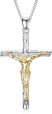 PELOVNY Sterling Silver Cross Crystal Necklace For Men Women Jesus Christ Crucifix Pendant Necklace Jesus Religious Jewelry - 22+2/18+2