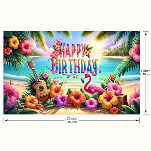 Image of HOMETITUTE Hawaiian Birthday Banner 71x43 Inch Luau Party Decorations | Hawaiian Party Decorations Tropical Backdrop Summer Backdrop for Pool Party Backyard Summer Beach Outdoor Photo Booth