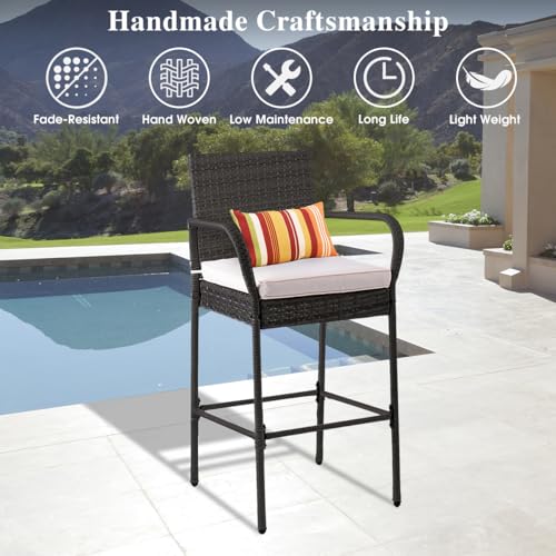 Image of Sundale Outdoor Wicker Bar Stool Set of 2, Patio Counter Height Pub Chair with Arms, High Top Rattan Barstool, Cushion Beige, All-Weather Outdoor Rattan Furniture (Gray&Beige, Small Seat - 2 Stools)