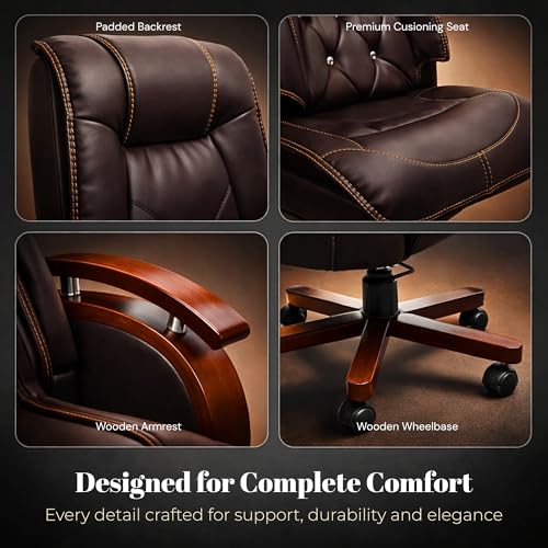 Image of Premium High Back Leatherette Wooden Base & Handle Office Chair for Director & Executive | Revolving Recliner, Soft Heavy Cushion, Brown Colour | 5 Year Warranty | Free Assembly