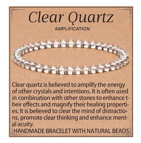 QOGIR Clear Quartz Bracelet - Amplification Bracelet for Women Men - Handmade Natural Gem Stone Beaded Stretch Elastic Healing Bracelets 4mm