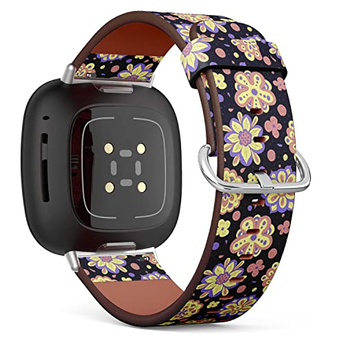 CJBROES Replacement Leather Watch Band, Compatible with Fitbit Versa 3 and Fitbit Sense of Wristband Bracelet Accessory - Colorful Doodle Flowers