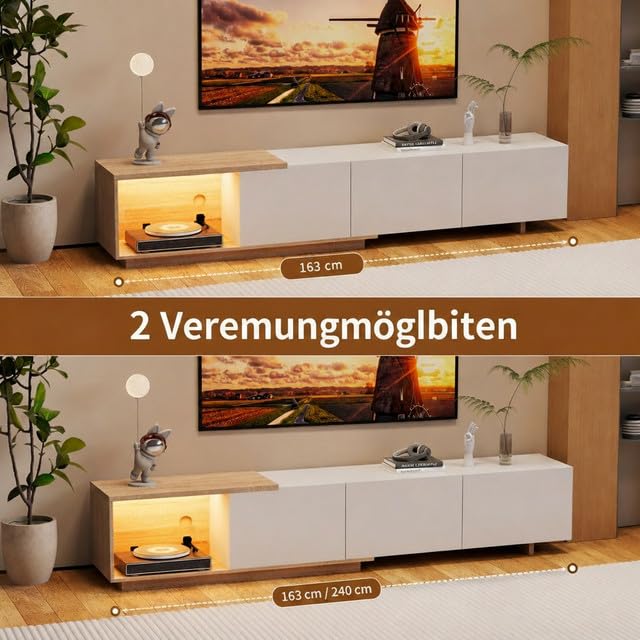 Szafka pod telewizor 163 cm-240 cm z oświetleniem, stolik pod telewizor z 3 szufladami, wysuwany stojak pod telewizor, meble do salonu, wysoki połysk biały i naturalny rysunek słojów, 240 x 38 x
