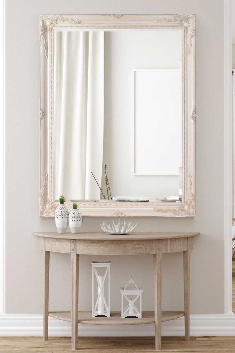 Extra Large Mirror Wall Ivory Antique Vintage Wood 4Ft7x3Ftt7 140x109cm