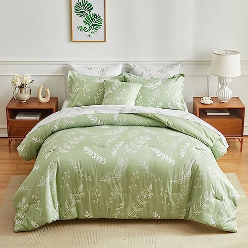 Lanqinglv Duvet Cover Set Double Bed Green White Floral Leaves Leaf Botanical Reversible Bedding Set Soft Quilt Cover 200x200cm with Zipper Closure and 2 Pillowcases 50x75cm