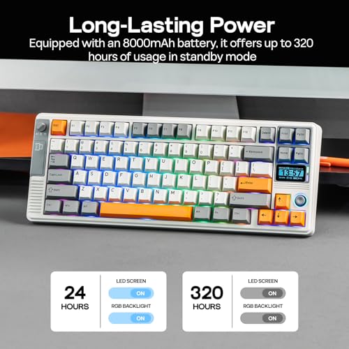 Image of EPOMAKER RT85 Wireless Mechanical Keyboard with Joystick & DIY Screen, 8000mAh, BT /USB /2.4Ghz, Gasket, Hot-Swap, PBT Keycap, 75% Gaming Keyboard (Retro White, Wisteria Linear)