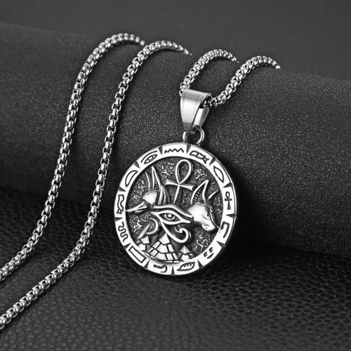 HZMAN Ancient Egyptian Symbol Necklace for Men Women Stainless Steel Retro Eye of Horus Pyramid Coptic Ankh Cross Anubis Round Pendant Necklace3