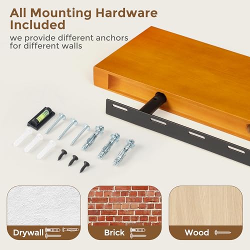 Image of Marsmiles Wood Floating Shelves | 55 Inch Rustic Honey Oak Wall Shelves Set of 2 | 55 inch W x 7.7 inch D x 1.6 inch H Wooden Shelves for Bathroom Living Room Kitchen