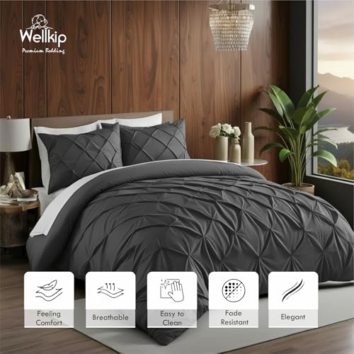 Image of Pinch Pleated Duvet Cover Set 1000TC 100% Cotton Premium 3-Pieces 1-Duvet Cover & 2-Pillow Cover Luxury Look Home and Hotel Zipper & 8-Tie Closure (Dark Grey, Double 90 X 100 Inch)