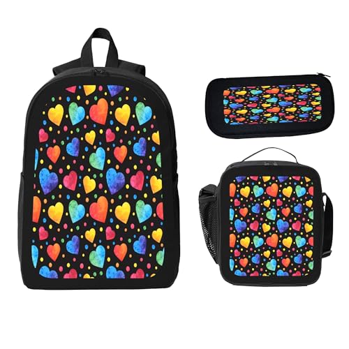3PCS Backpack for Women Men With Lunch Box Pencil Bag 17 Inch Lightweight Adjustable Strap Back Pack 3 In 1 Set Colorful Love Design Casual Daypack Unisex Fit Travel Work Camping