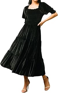 Womens Fall Winter Velvet Dress Puff Sleeve Square Neck Smocked Tiered R...