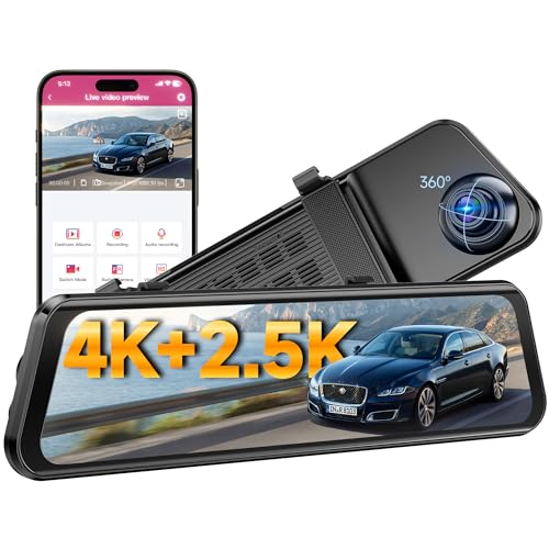 OMBAR 4K+2.5K Rear View Mirror Camera with ADAS BSD and LCA, 12' Smart Mirror Dash Cam with 5.8GHz WiFi, Rearview Mirror Camera with GPS G-Sensor, Parking Monitor, Loop Recording, 64GB Card Includes