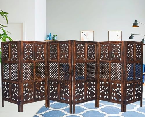 Image of THEHEARTWILL Wooden Partition for Living Room /Room Divider /Screen for Pooja Room, Mandir, Office, Kitchen, Hall (4 Feet, 6 Panels, Brown Walnut Finish)